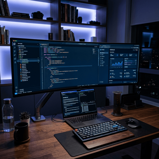 Software engineer designing a complex system dashboard and coding database APIs