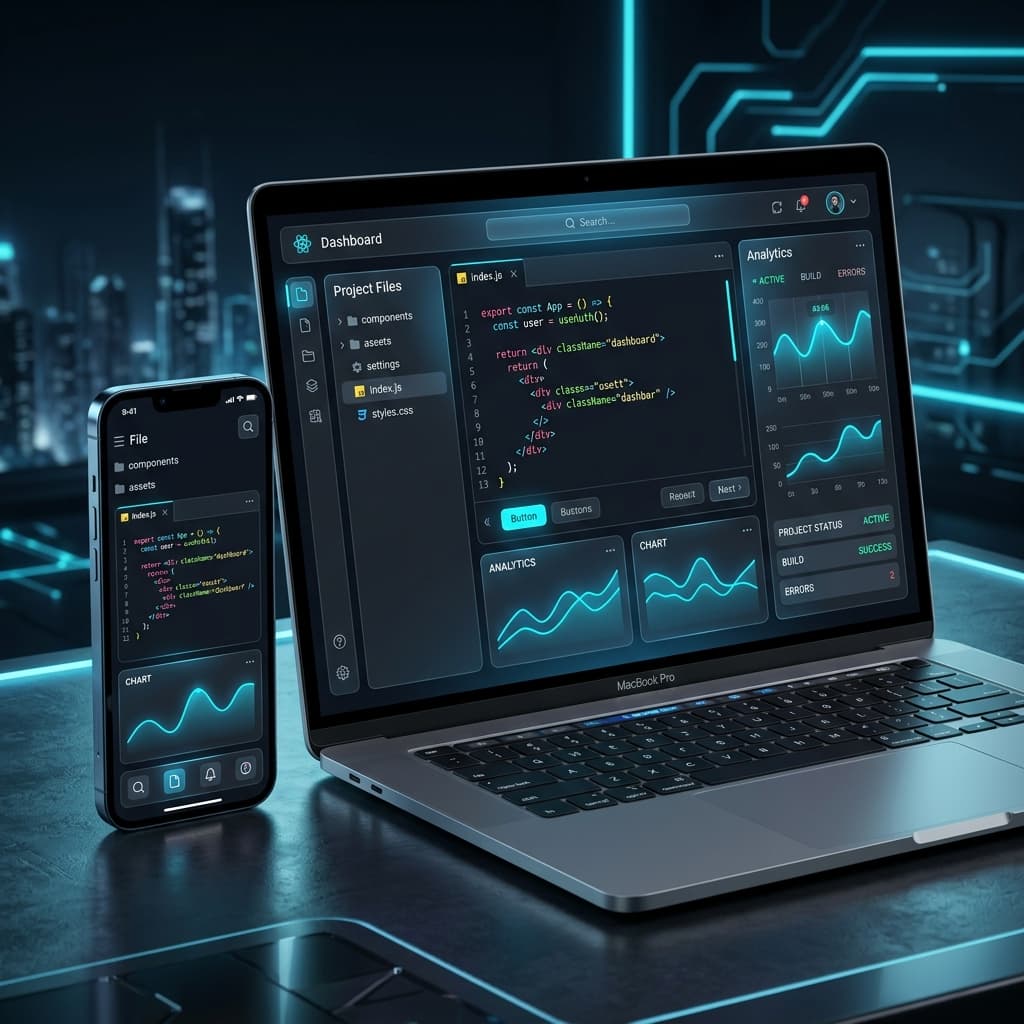 Front-end web developer designing a responsive website interface layout on screen